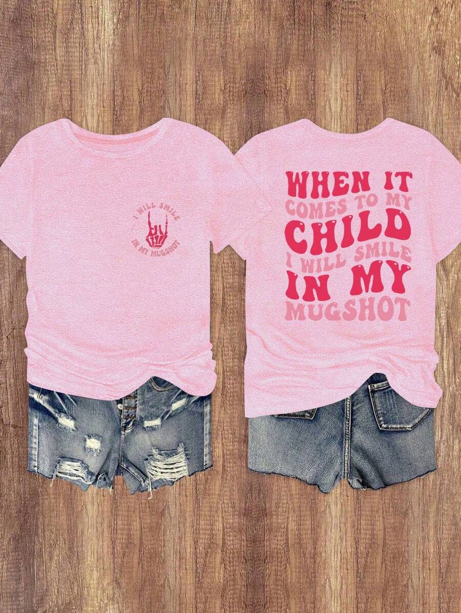 SHEIN LUNE 女士休闲骷髅手图案印花舒适 T 恤 - 粉色 - 查看 1