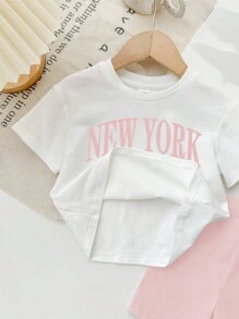 Baby Girl Casual Simple Short Sleeve Outfit, Suitable For Spring & Summer