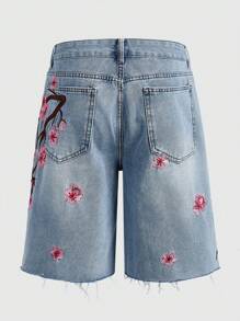 ROMWE MEN Street Life Summer Casual Men'S Floral Embroidery Loose Denim Shorts Jorts - Light Wash - View 8