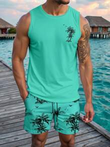 Manfinity RSRT Men's Coconut Tree Printed Sleeveless Tank Top And Shorts Set, Hawaiian Suit Men Summer Sets Men Short Sets Men Two Pieces Set Men Vacation Clothes Beach Vacation Outfits Men Men Beach Outfits, Cozy Outfits - Multicolor - View 1