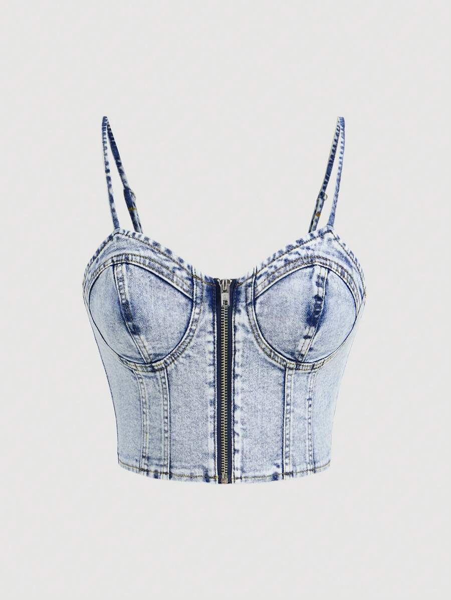 SHEIN MOD 女士前拉链带休闲牛仔上衣 - 淺色水洗藍 - 查看 1