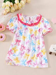 Baby Girl Candy Print Contrast Ruffled Neck Nightgown Loungewear