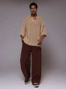 Musero Men Oversized Crochet Knit Short Sleeved Polo Top - Khaki - View 5