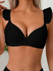 Solid Color Textured Fabric Halter Neck Padded Women's Bikini Set, Beach Outfits For Summer Beach Vacation