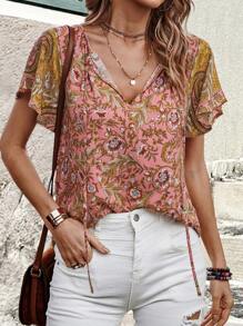 SHEIN LUNE Chemise de vacances décontractée à manches courtes avec imprimé aléatoire