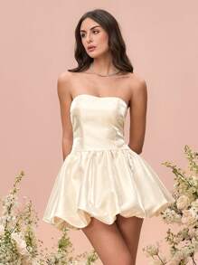 Glamine Champagne Color Mini Dress With Bowknot Detail, Corset Design, Puff - Champagne - View 8