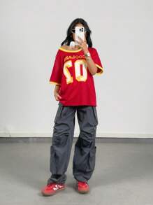 SHEIN Tween Girls Spring/Summer Casual Loose Asymmetric Neck Drop Shoulder Printed Number T-Shirt - Burgundy - View 6