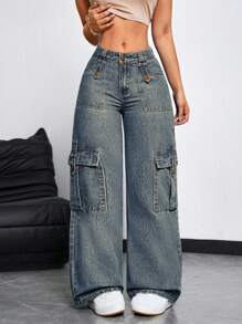 SHEIN ICON Women's Casual Long Denim Jeans With Zipper Details And Cargo Pockets - Blue - View 4