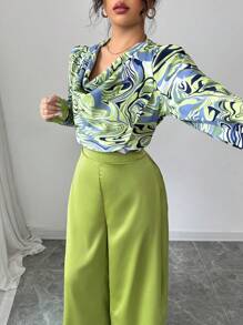 Calvaya 2-delige set voor dames: elegante zakelijke casual blouse met lange mouwen en ronde hals en lange broek, lente/zomer