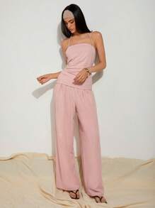 COSMINA Women's Casual Loose Pink Pleated Wide Leg Pants - Pink - View 3