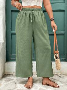 SHEIN Frenchy Plus Size Women's Solid Color Tie-Waist Wide Leg Loose Pants