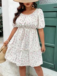 SHEIN Frenchy Vestido casual de minifalda de vacaciones con mangas abullonadas, cinturón y estampado floral estilo ditsy para mujer de talla grande