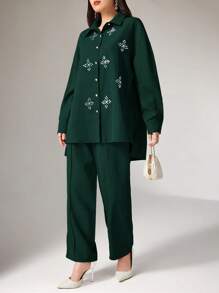 Heiryn 2pcs/Set Women Snowflake Pattern Rhinestone Decor Top And Pants 2 Pieces Set - Dark Green - View 3