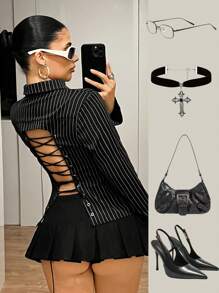 SHEIN ICON 长袖条纹后背系带可调节衬衫夏季春季女士演唱会女装工作办公室