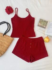 Comfortcana 2pcs/Set Women Ribbed Camisole Top And Shorts Two-Piece Set, Red - Burgundy - View 4