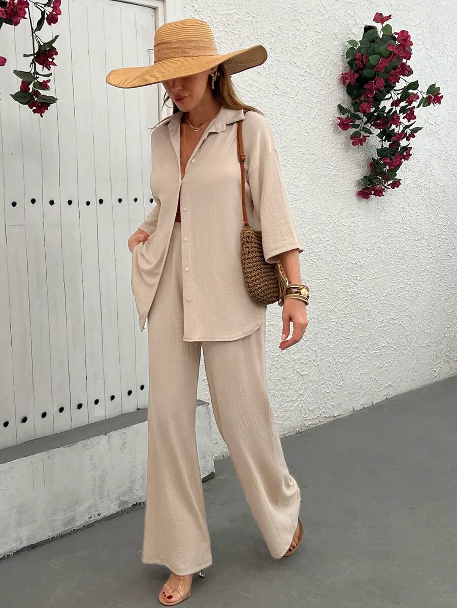 EURMUSE Women Loose Fit Blouse And Pant Two Pieces Set - Beige - View 1