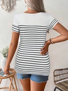 SHEIN Women's Casual Striped Nursing Top: Scoop Neck, Short Sleeve, Regular Length Black And White Breastfeeding Shirt With Contrast Collar Detail - Black and White - View 2