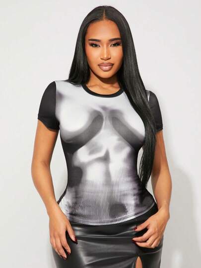 SHEIN SXY 春夏摇滚音乐节街头休闲西式装女款黑色高弹针织身体印花短袖紧身T恤上衣