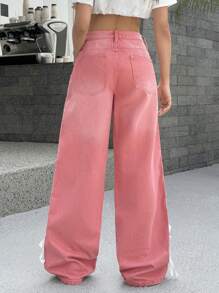 SHEIN EZwear 女式宽松侧条纹口袋阔腿休闲牛仔裤 - 粉色 - 查看 2