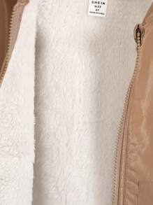 SHEIN Conjunto de 2 piezas para niños pequeños - Chaqueta cortaviento con capucha de caqui forrada térmicamente, diseño con cremallera, tela que no se arruga, puños elásticos, a prueba de viento y cálida; Pantalones casuales de caqui con bolsillos y cintura elástica, adecuados para uso casual en otoño e invierno