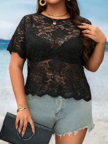 SHEIN LUNE 大码女式透明蕾丝边衬衫 - 黑色 - 查看 3