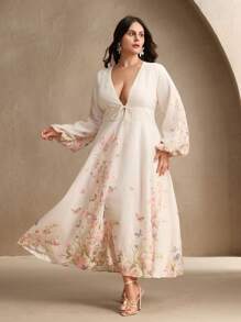 Anewsta Vestido largo elegante y vintage con estampado floral francés y cuello en V, atuendo para el festival de primavera