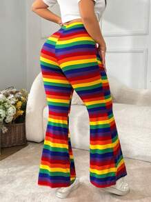 SHEIN EZwear Plus Size Rainbow Striped Flared Stretch Pants, Spring/Summer - Multicolor - View 2