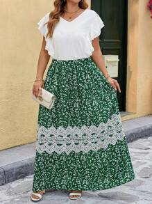Ellevyn Plus Size Women White Blouse With Green Lace Panel Skirt 2 Pieces Set,Summer Boho Tea Party Holiday Floral Vacation Outfits,Elegant Sun Dress Outfits - Multicolor - View 3