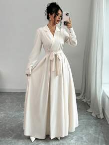 Selianne 1 件女士优雅腰部褶皱设计连衣裙，带领长款女士服装 - 杏色 - 查看 3