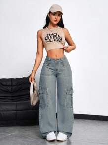 SHEIN EZwear Women's Cargo Pocket Loose Fit Casual Wide Leg Jeans - Light Wash - View 6