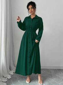 Elenzga Women's Solid Color Long Sleeve Single-Breasted Long Casual Shirt Dress With Pockets, Autumn Fall Maxi Women Outfit