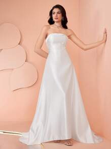 Coutiva فستان زفاف أنيق ذو لون أحادي مزين بفيونكة للزواج، فستان زفاف مع سحاب للنساء، فستان سهرة زفاف للنساء، فستان زفاف للعرائس