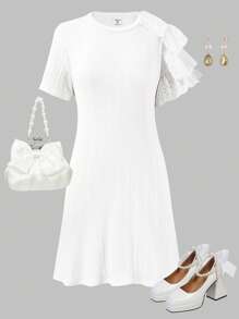 SHEIN Explorewe 少女不对称荷叶边下摆宽松优雅白色 A 字裙，质地舒适，适合夏季、婚礼、婚礼嘉宾、花童 - 白色 - 查看 4