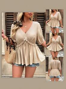 Breezaya Blusa de vacaciones para mujer de talla grande con mangas 5/10, cuello en V, cintura fruncida, volantes en el dobladillo y parches, estilo casual y de moda para el verano