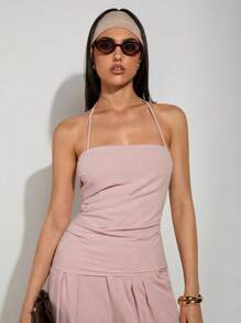 COSMINA Women's Simple Solid Pink Halter Neck Ruched Blouse, Fashionable For Summer - Pink - View 1