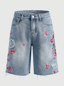 ROMWE MEN Street Life Summer Casual Men'S Floral Embroidery Loose Denim Shorts Jorts - Light Wash - View 7