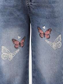 Young Girls Flared Distressed Jeans, Light Blue Denim, Asymmetric Waistline, Cute Butterfly Print, Fashionable Casual Style, Versatile For Daily Casual And Outdoor Wear, Girls Denim Pants - Light Wash - View 3
