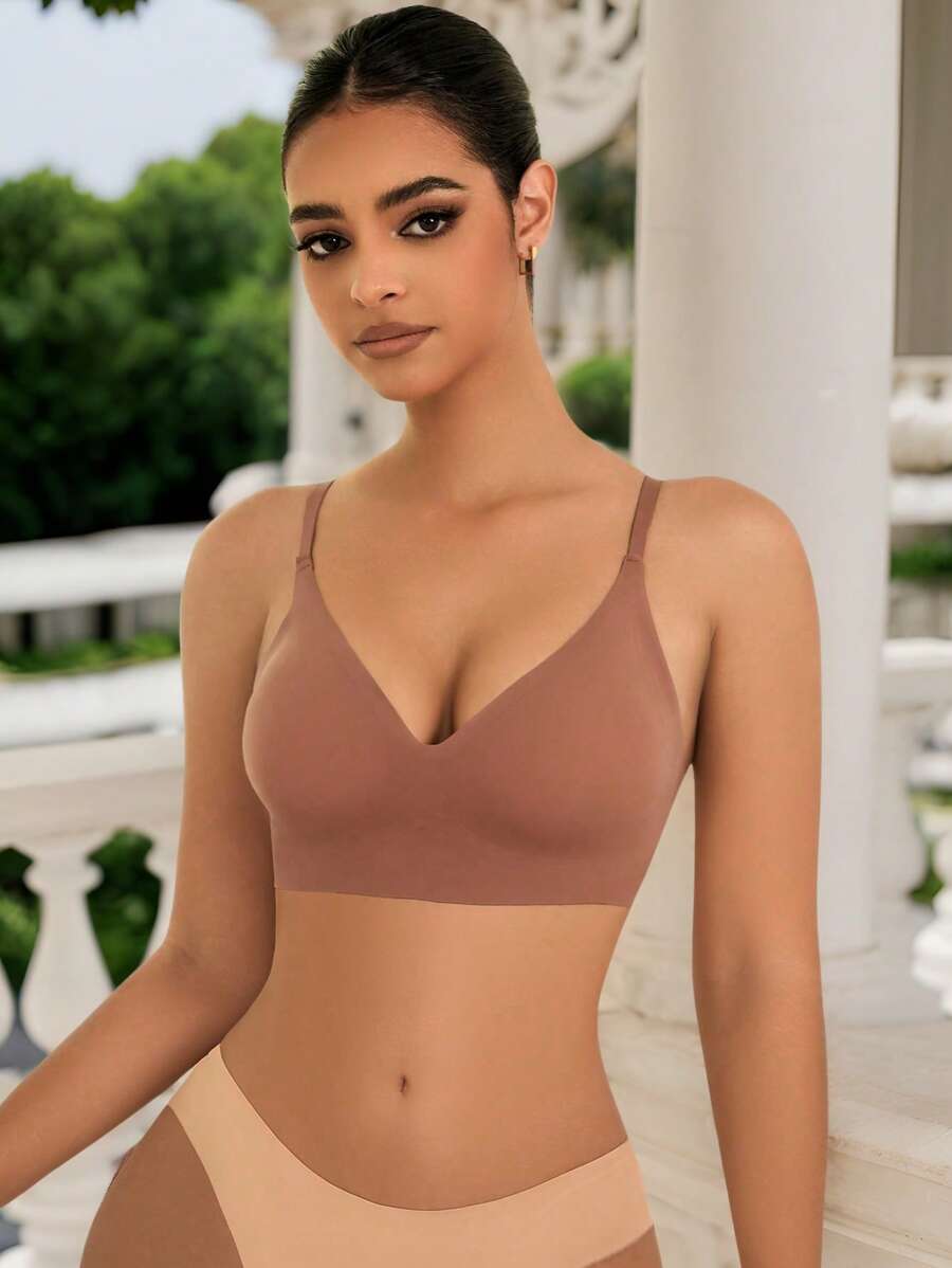 Women's Apricot Backless Plain Casual Comfy Bra High Stretch Lingerie - Apricot - View 1