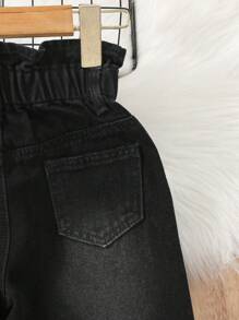 SHEIN Young Girl Casual Boho Holiday Paperback Waist Flat Pockets Mom Jeans With Button Front, Daily Summer Holiday - Black - View 3