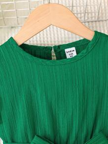 SHEIN Young Girl Comfortable Casual Ruffle Hem Dress With Waist Belt, Summer - Green - View 7