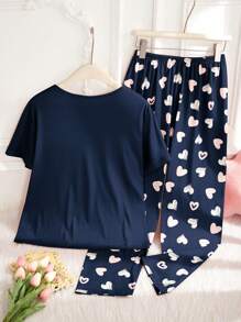 SHEIN Bộ đồ ngủ 2 món in hình trái tim và chữ cho bé gái tuổi teen ngày lễ tình nhân và quần ngắn tay thoải mái - Màu xanh hải quân - Xem 2