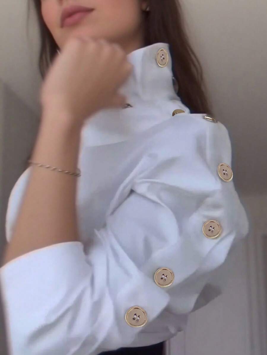 Women's Fashion Side-Button Design Blouse For Work Fall Cloth For Women - White - View 1