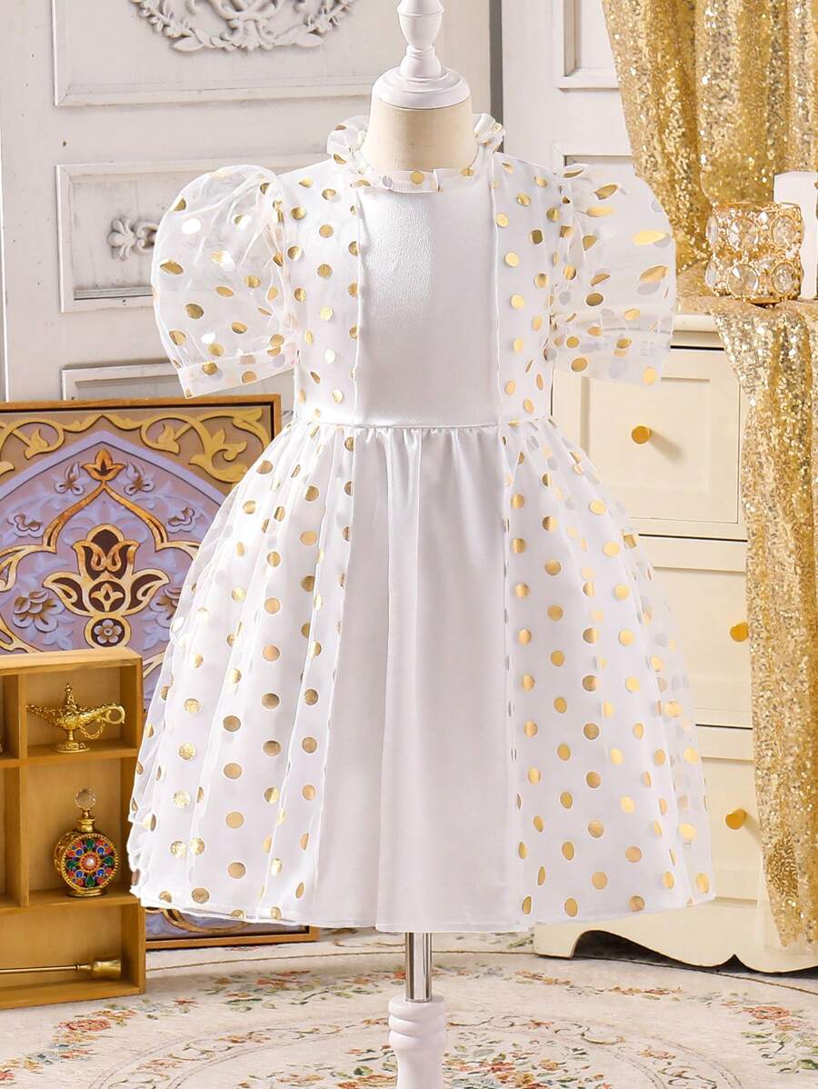 SHEIN Rochie mini cu mâneci bufante din plasă, cu imprimeu metalic, fetiță tânără - alb - Vizualizare 1