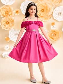 SHEIN Tween Girls 缎面花卉拼布蝴蝶结缀饰腰部连衣裙，紫红色公主风格礼服，适合毕业舞会、生日派对、情人节、花童礼服 - 玫紅色 - 查看 8