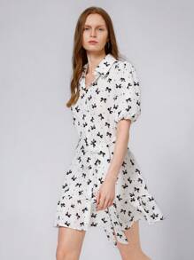 Aveloria Affinna 蝴蝶结领圆点提花系带泡泡短袖女式迷你连衣裙