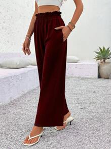 SHEIN LUNE Women's Solid Color Ruffle Pocket Wide Leg Casual Pants Fall Cloth For Women - Burgundy - View 3