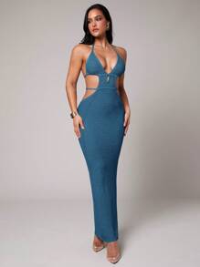 Silquee 罩衫黑色钩针性感深 V 领镂空开衩春夏度假服中长款女式连衣裙 - 水鴨藍 - 查看 7