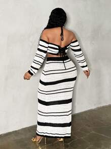Maweii 大码女式撞色条纹性感沙滩系带上衣和超长裙两件套