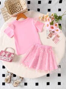 SHEIN Conjunto de 2 piezas para niña: Camiseta con estampado de unicornio lindo y falda de malla con lunares en capas, conjunto dulce para uso diario