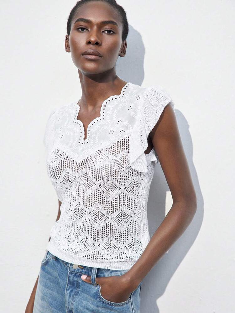 SHEIN Maija Ivory Lace Embroidered V-Neck Splice Women's Spring/Summer Apparel, Modern Vacation Casual Design, Soft Comfortable , Cap Sleeve, Bohemian Beach Resort Style